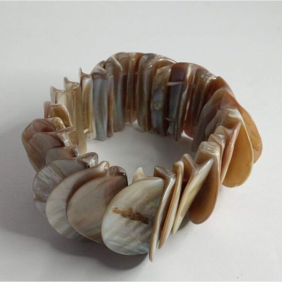 Vintage Polished Shell Mother of Pearl Earth Tones Stretchy Bracelet - Picture 6 of 7